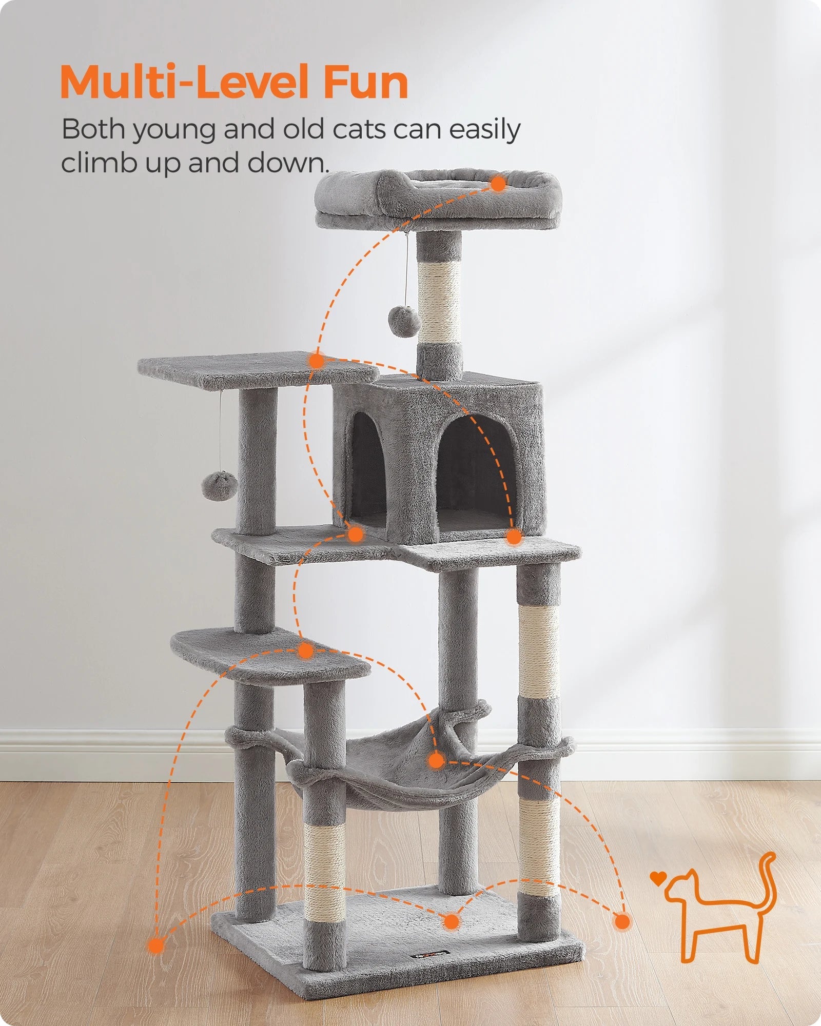 Feandrea Cat Tree, 56.3 - Inch Cat Tower for Indoor Cats, Multi - Level Cat Condo with 4 Scratching Posts, 2 Perches, Hammock, Cave - WFP Store