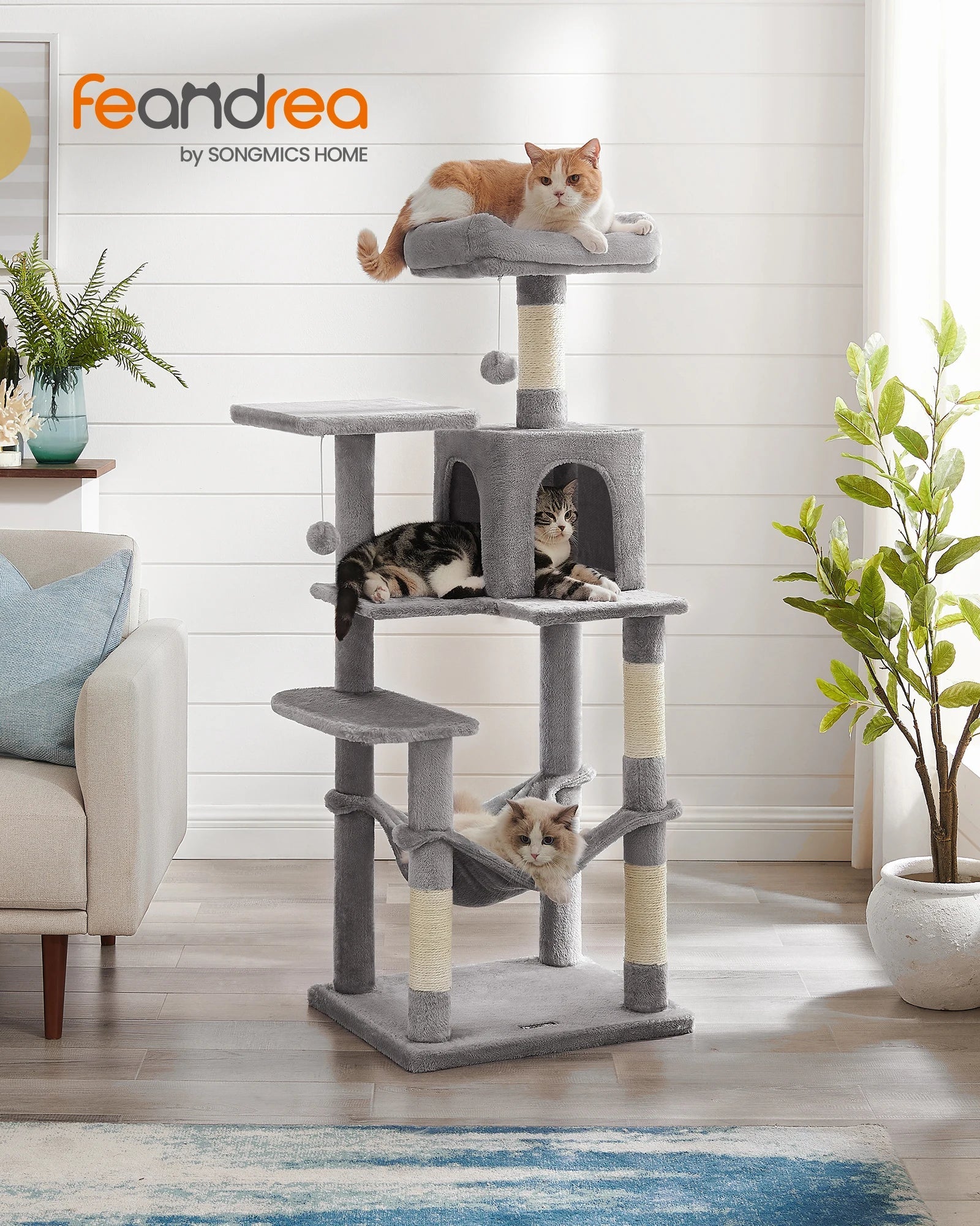 Feandrea Cat Tree, 56.3 - Inch Cat Tower for Indoor Cats, Multi - Level Cat Condo with 4 Scratching Posts, 2 Perches, Hammock, Cave - WFP Store