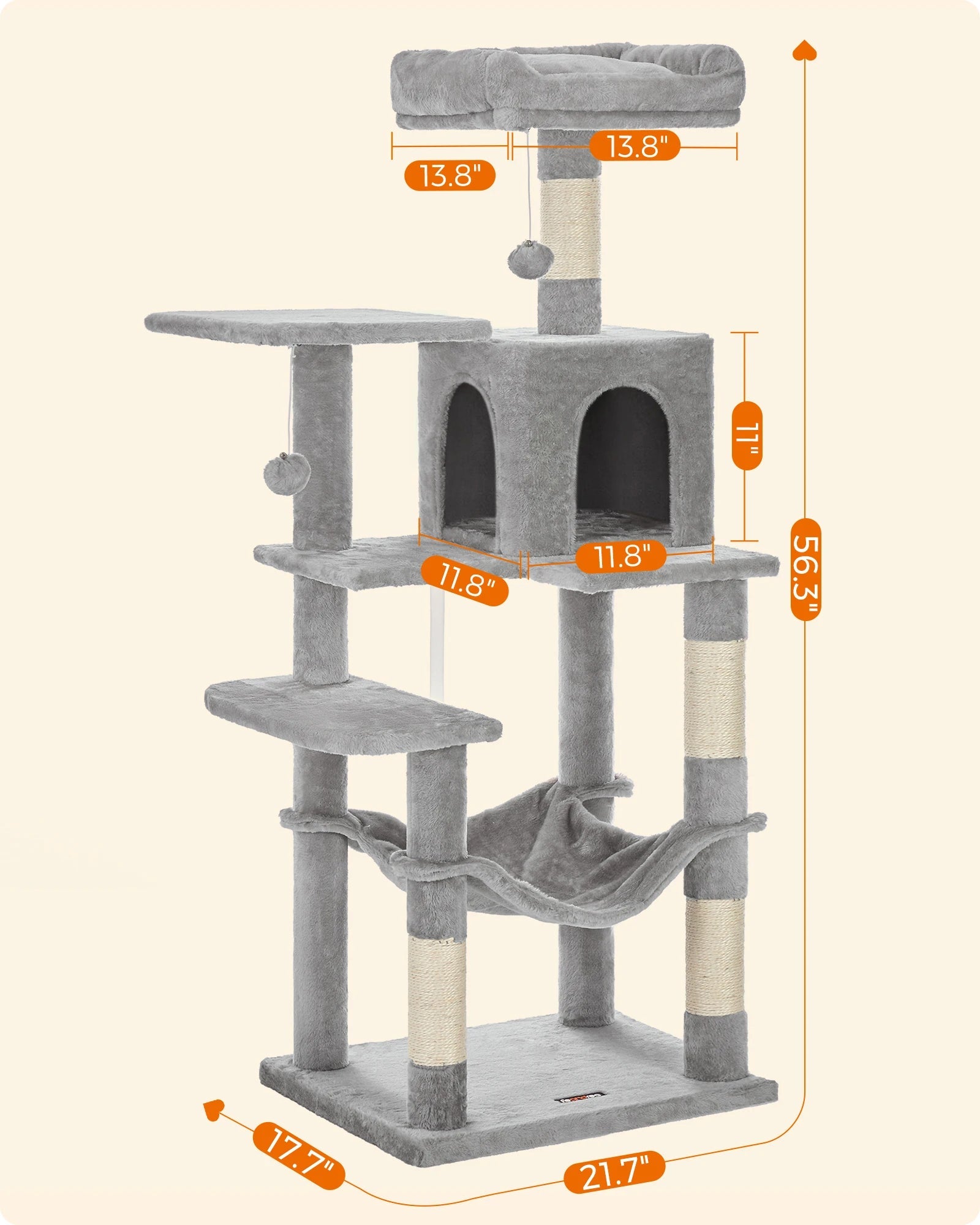 Feandrea Cat Tree, 56.3 - Inch Cat Tower for Indoor Cats, Multi - Level Cat Condo with 4 Scratching Posts, 2 Perches, Hammock, Cave - WFP Store