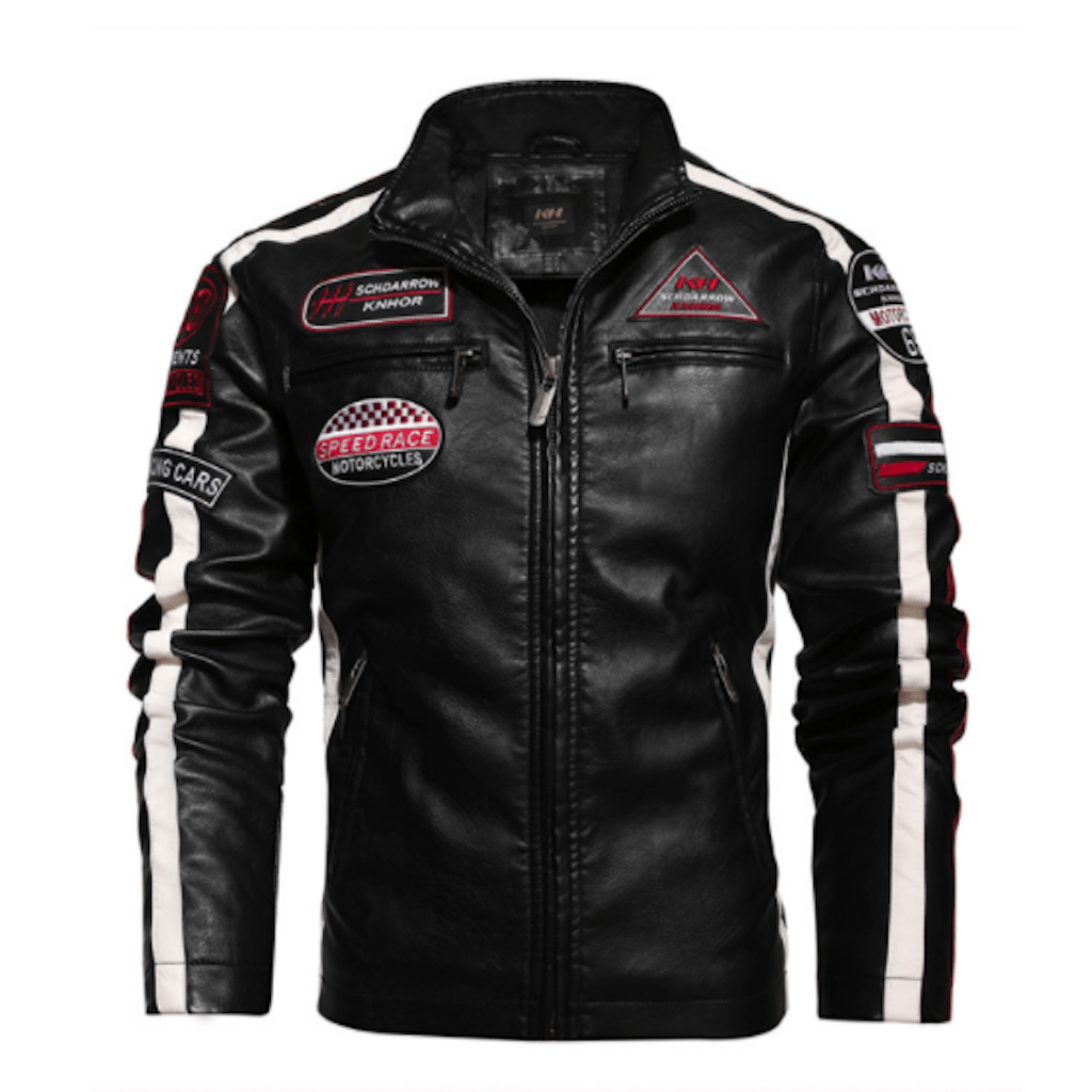 Mens Biker Vegan Leather Jacket With Badges - WFP Store