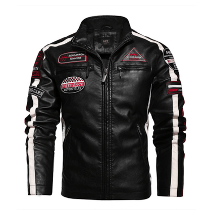 Mens Biker Vegan Leather Jacket With Badges - WFP Store