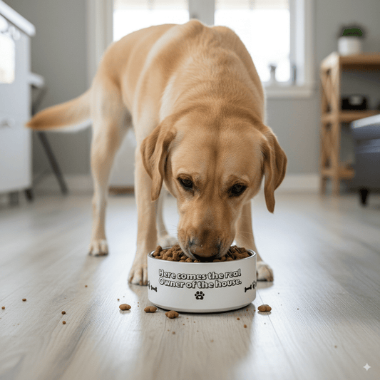 Pet bowl + WITH THE PHRASE "THE TRUE OWNER OF THE HOUSE EATS HERE" - WFP Store