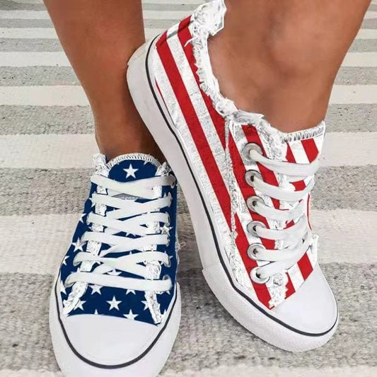 Star Striped Lace Up Sneakers Round Toe Casual Shoes - WFP Store